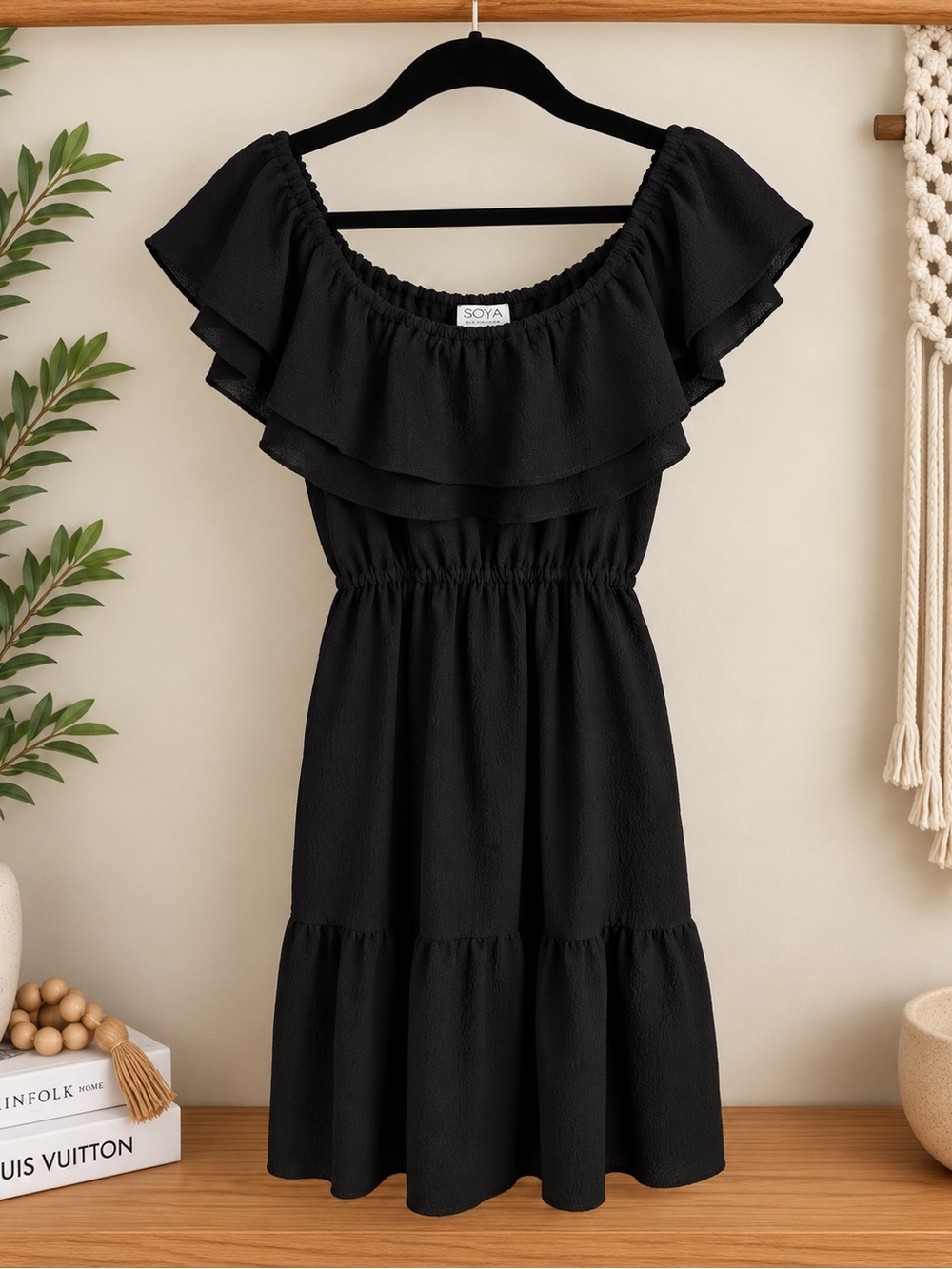 Black Off-Shoulder Ruffle Tiered Dress